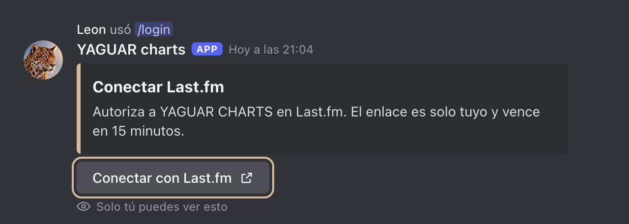 Respuesta del bot al comando /login, con el botón Conectar con Last.fm