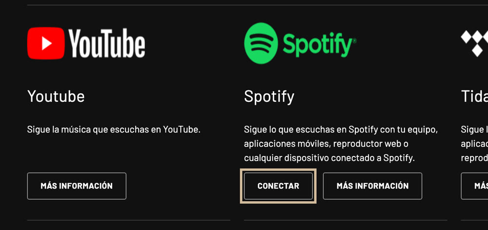 El botón Conectar de Spotify en la página Sigue mi música de Last.fm